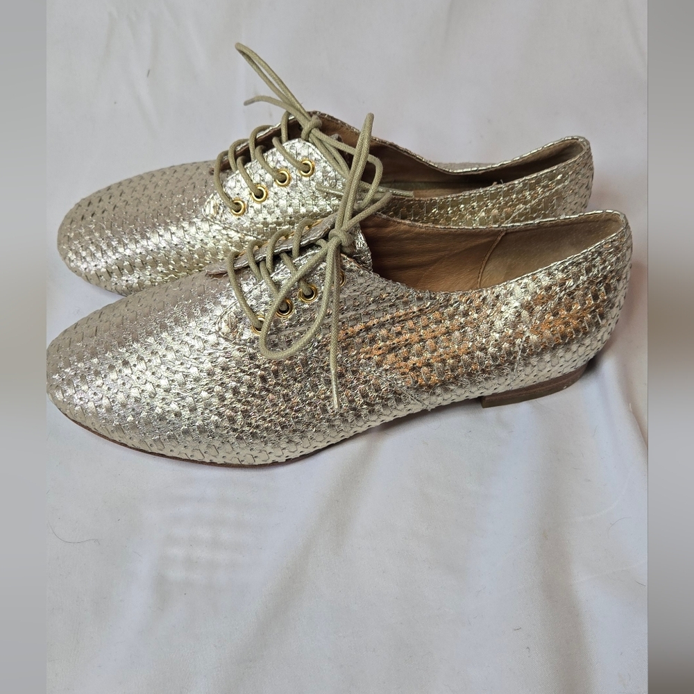 Anthropologie Rowan Reed Newbury Woven Sheep Leather Gold Women's 9 Oxford Shoes - Picture 3 of 9